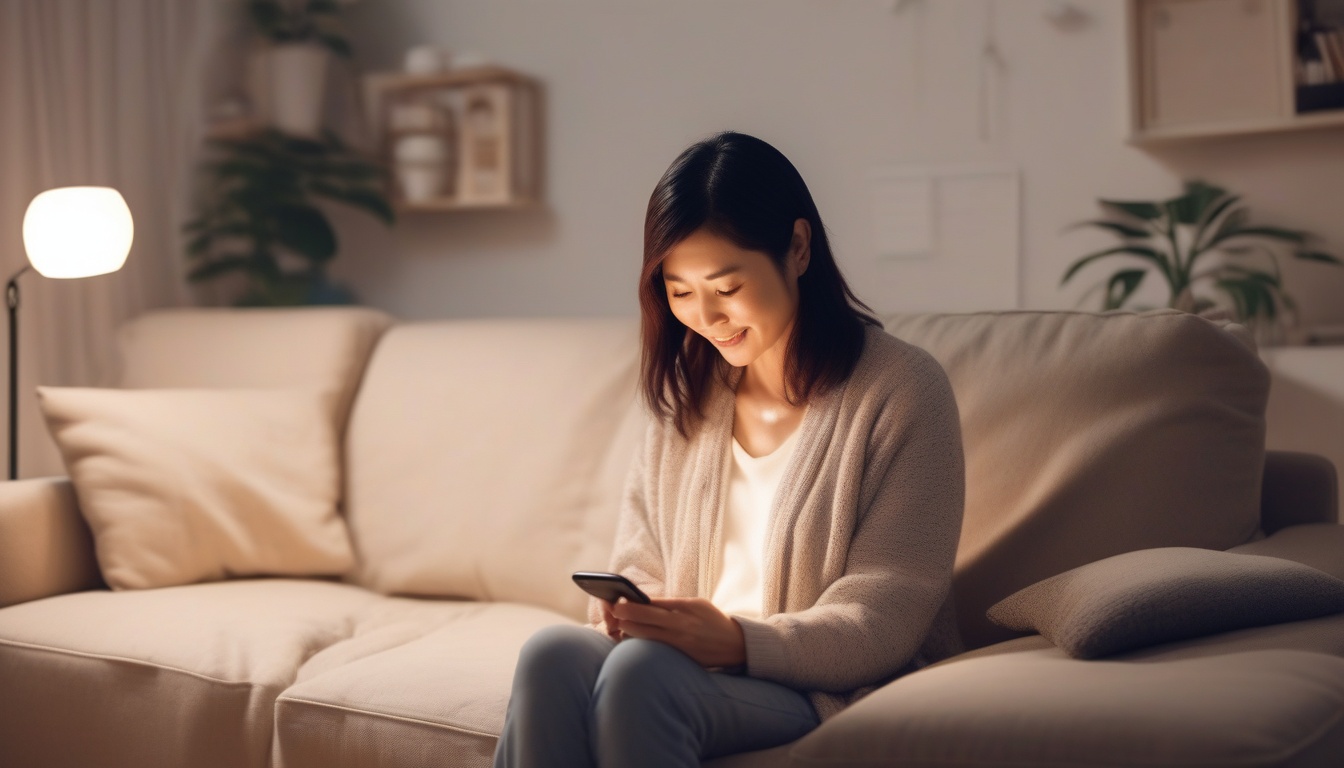 夜のリビングでスマートフォンのアプリを利用する女性