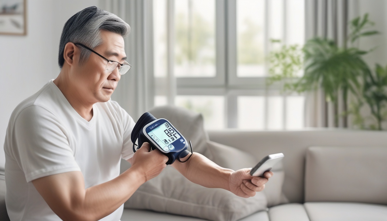 自宅で血圧を測定しながらスマートフォンの健康アプリを確認する男性